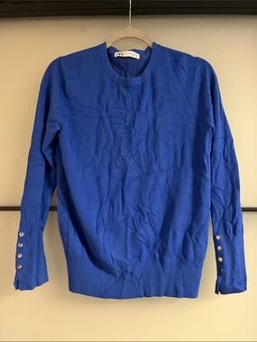 NWOT Stretchy Zara Cobalt Blue Crewneck Sweater with Gold Cuff Buttons